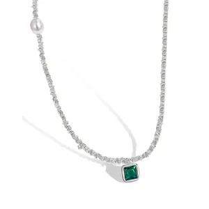 Dylam Stylish 925 Sterling Silver Rhodium Plated Fresh Water Pearl Broken Beaded Emerald 5A Cubic Zirconia Pendant Necklace