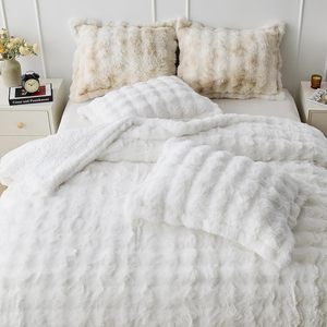 Ensemble de couette en fausse fourrure de <span class=keywords><strong>lapin</strong></span> ultra chaude en peluche 3 pièces Couette en sherpa à bulles réversible pour lit king size Hiver - Product Image 4