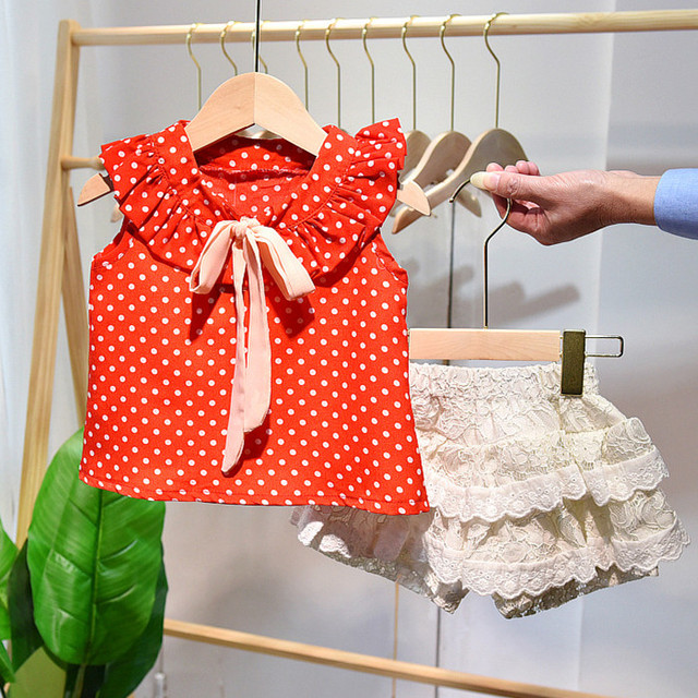 Distributor China Factory Kids Clothing Girl Sets Tangerine Polka Dot Tshirt and Lace Mini Skirt Extra Short