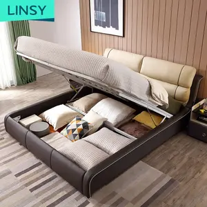 Linsy木质双人床带储物设计木床房家具模型现代黑色皮革1.8米双人床RAB2A