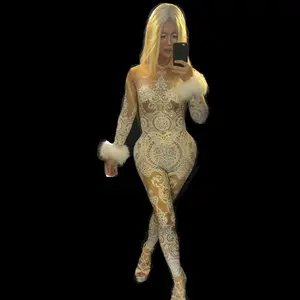 Sexy Long Sleeves White <strong>Lace</strong> Crystal Show Dancer One Piece Bodysuit Women <strong>Rompers</strong> Female Birthday Party Club Rhinestone Jumpsuit - Product Image 1