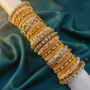 <b>Gold</b> Plated Meenakari Velvet <b>Bangles</b> <b>Set</b> with Pota Stone and Pearl Elegant Pearl Bracelets - Product Image 3