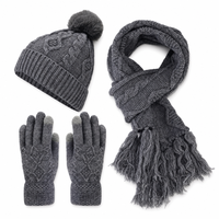 Ensemble cadeau d'hiver : Bonnet, écharpe et gants en tricot torsadé gris anthracite avec pompon en fausse fourrure à pointes tactiles et motif losanges en relief – Vente en gros