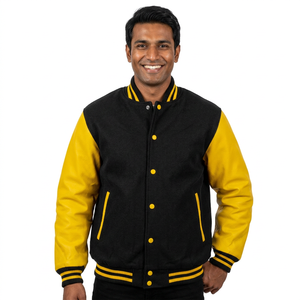 Custom Vintage College Varsity <b>Jacket</b> with Black Wool Body and Gold Real <b>Leather</b> Sleeves CollegeBaseballjacket for <b>men</b> - Product Image 1