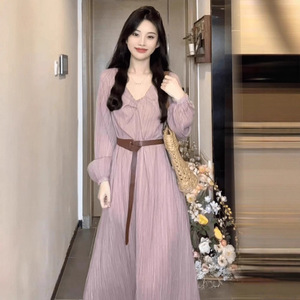 French Style V Neck Long Sleeve Empire Waist Dress Raspberry Pink Casual Vacation Wear - Product Image 4