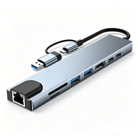 Adaptador USB C 8 en 1 con Doble Conector, Hub de Aluminio, RJ45, 4K 30Hz, 100W PD, USB 3.0, 2.0, Lector de Tarjetas SD y TF para MacBook y Laptops con Windows