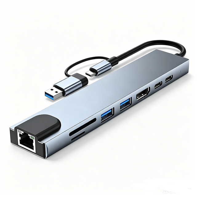 8 in 1 Dual Plug USB C Hub Aluminum Adapter RJ45 4K 30Hz 100W PD USB3.0 2.0 SD TF Card Reader for MacBook Windows Laptop