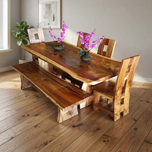 Dalle épaisse en bois de Suar massif bords vivants table à manger intérieure et extérieure banc de bar ensemble de chaises meubles de salle de restaurant vente en gros - Product Image 2
