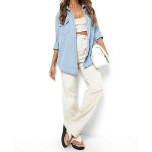 Camisas Vaqueras de Diseño Personalizado para Mujer, Fabricante OEM, Camisas Vaqueras de Manga Larga con Lavado Decolorante, Talla Grande - Product Image 3