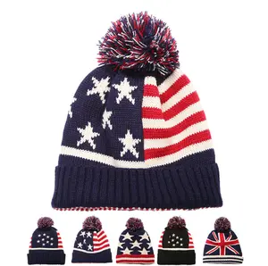 批发定制美国英国英国伦敦国旗针织豆豆滑雪帽冬季条纹豆豆帽男女