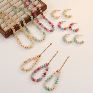 Boucles d'oreilles colorées en pierres naturelles, bracelet et collier en acier inoxydable, design bijoux contrastant aux couleurs dopamine, style niche - Product Image 6