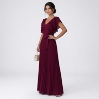 Robe longue plissée élégante et romantique pour femme, col en V, double volant, ceinture intégrée, en maille et mousseline, avec fermetures éclair, printemps-automne