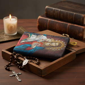 Iconography-cartera tejida con diseño de la Virgen María y el Niño Jesús, bolsa para Rosario - Product Image 3