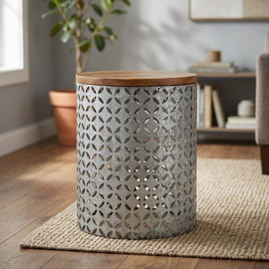 Mesa auxiliar rústica de metal galvanizado con tapa de madera y patrón circular. - Product Image 4