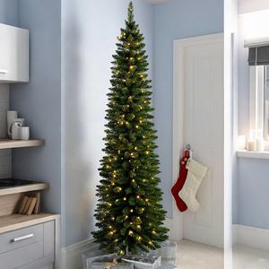 شجرة عيد الميلاد الاصطناعية فائقة النحافة خضراء اللون مع أضواء وقاعدة معدنية - Product Image 3