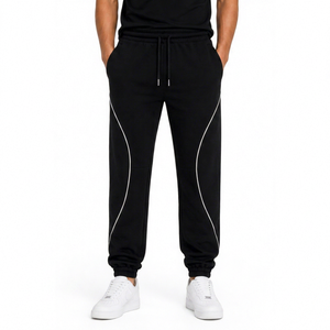 <b>Men's</b> Black Cotton Sweatpants With <b>White</b> Side piping Casual Joggers Mid Waist Regular Fit Autumn Wear <b>mens</b> <b>trousers</b> - Product Image 1