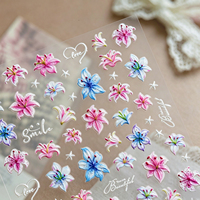 Stiker Seni Kuku Bunga Lily Warna-warni Timbul 5D Stiker Seni Kuku Bunga Pink Biru Dekorasi Kuku Perekat Diri Senyum Cinta