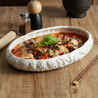 Vente chaude 9/11/14 Pouces White Rock Texturé Ovale En Céramique Assiette À Soupe Porcelaine Vaisselle Plats De Poisson Pour Les Restaurants D'hôtel