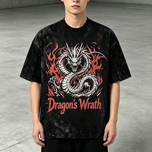 T-shirt Oversize Nera Lavata da Uomo, Stampa Grafica Dragon's Wrath, Maglietta Vintage Casual a Maniche Corte <span class=keywords><strong>Stile</strong></span> Streetwear - Product Image 3