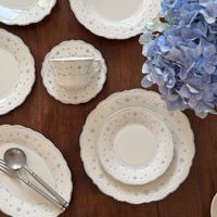 Service de vaisselle en porcelaine à motif floral bleu baroque européen avec dentelle en relief, ensemble vintage de tasses et assiettes pour mariage