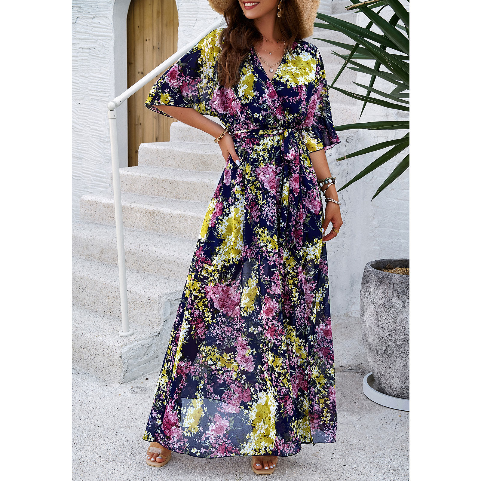 Women Summer Casual Style Long Floral Print Chiffon Maxi Dress Flowy a Line  with Slit Beach Bohemian Holiday Semi Formal Dresses| Alibaba.com