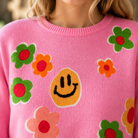 Pull en coton pur jacquard pour femme, col rond, manches longues, motif floral Smiley Face, coupe ample, style vintage rose