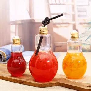 250ml 300ml 400ml 500ml Ice cold drink glass bottle 400ml light bulb bottle glass for juice with stainless golden lid and straw