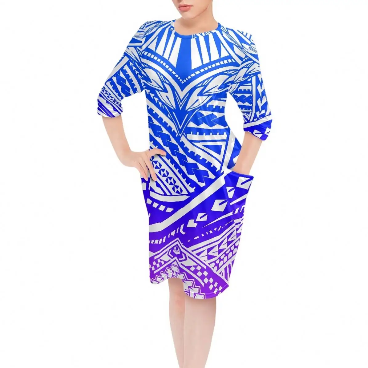 Wholesale Fashion Women Casual Dresses Elegant Gradient Polynesian Pattern O-Neck Loose Long Sleeve Evening Party Dress Pockets