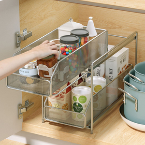 Organisateur de placard coulissant à 2 niveaux en maille métallique, tiroir de rangement <span class=keywords><strong>sous</strong></span> évier, étagère pour comptoir de cuisine - Product Image 2