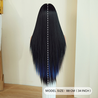 Perruques synthétiques longues et droites de 34 pouces, ombrées noir à bleu, avec mèches, franges, en fibre résistante à la chaleur, aspect mat naturel
