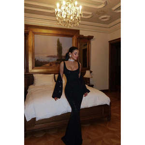 Robe trapèze noire avec strass et perles, taille empire, manches courtes, style simple, taille XL, en polyester, pour soirée formelle - Product Image 1