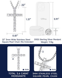 Collar de cruz de plata de ley con colgante de moissanita, cadena de caja de acero inoxidable, collares de crucifijo, joyería de plata cristiana - Product Image 6