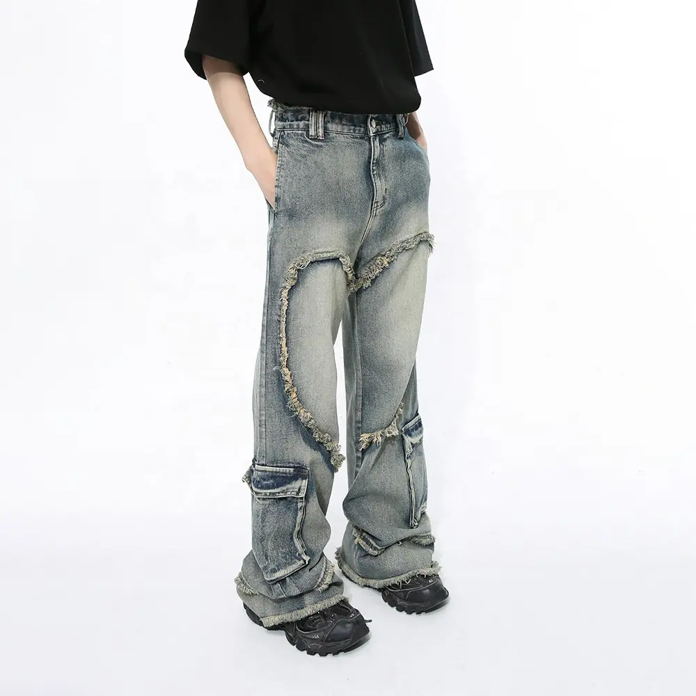 Gdtex Odm Oem Streetwear Baggy Distressed Jeans Heren Rauwe Rand Vintage Wash Jeans Oversized Baggy Flare Jeans Broek Mannen Y 2K Straight