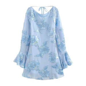 Robe longue dos nu SHENZHU pour femme, nouvelle collection Printemps 2025, maille simple à fleurs 3D, manches longues, modèle 5085 - Product Image 1