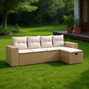 ชุดโซฟาสวนหวายเทียมสีเบจแบบโมดูลาร์ 4 ที่นั่ง เฟอร์นิเจอร์กลางแจ้ง ดีไซน์ทันสมัย - Product Image 3