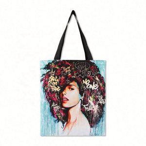 Bolsa de Compras de Lona con Estampado de Sublimación de Logotipo Personalizado, Diseño de Arte de Grafiti con Texto Africano para Mujeres, a Todo Color - Product Image 1
