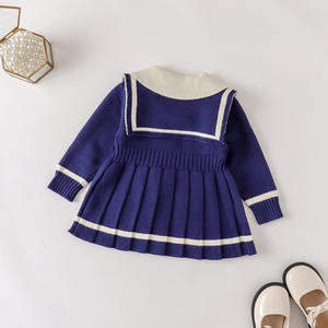 Gonna da ragazza in lana blu scuro a maniche lunghe abito plissettato in maglia da neonato abbigliamento autunnale Casual per la stagione autunnale invernale - Product Image 3