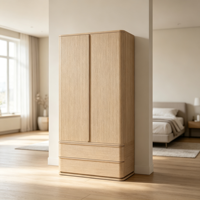 Armoire minimaliste nordique en chêne massif à 2 portes avec 2 tiroirs, tringle de suspension et sans poignées, meuble de rangement pour chambre, appartement, hôtel