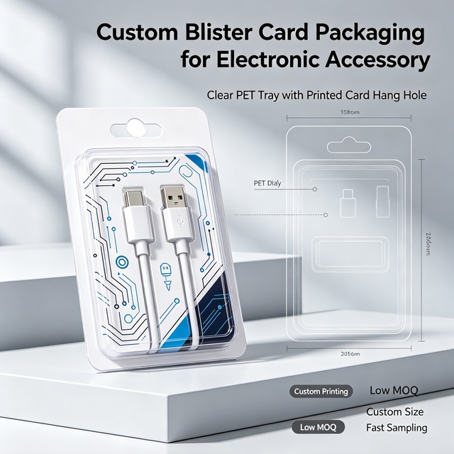 Custom PET PVC PP blister card packaging for Electronic Accessory Cable Adapter Clear PET Tray with Printed Card Hang Hole