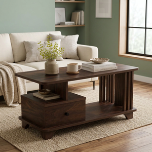Table basse en bois d'ingénierie avec tiroir, finition Junglewood, table centrale moderne pour salon, coin canapé, décoration de meubles de maison - Product Image 1