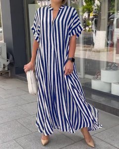 Nuevo Vestido <span class=keywords><strong>de</strong></span> Verano a Rayas con Cuello en V y Manga Corta para <span class=keywords><strong>Mujer</strong></span>, Vestido Largo Informal y Holgado para Vacaciones - Product Image 4
