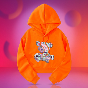 Sweat à capuche décontracté pour femme en polaire écologique orange, coupe courte à manches longues, avec logo imprimé numériquement sur le devant - Product Image 1
