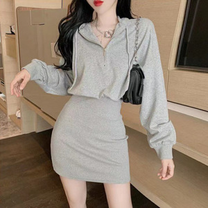 Hooded Long Sleeve Bodycon Dress Tight Waist Zipper Solid Color Casual Daily Wear Women's Mini Skirt Black Gray White - Product Image 2