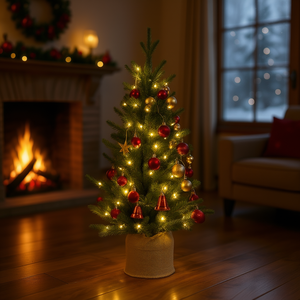 Mini sapin de Noël artificiel pré-éclairé de 3 pieds avec base en toile de jute, lumières LED blanc chaud, décorations de Noël pour table d'intérieur - Product Image 2