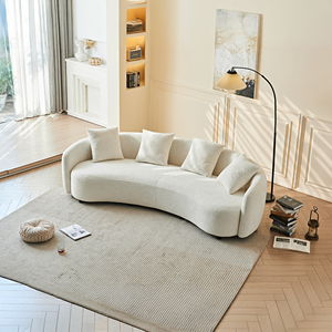 Modern Curved Wooden Frame Modular Sectional Cushion Back Teddy Fabric White <b>Sofa</b> Set Oval Upholstered 4 <b>Pillows</b> Living Room - Product Image 2