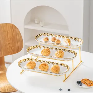Modern Style Party Decorate Oval Plate 3 Tiers Cupcake Plate Tray Gold Service Platter For Wedding