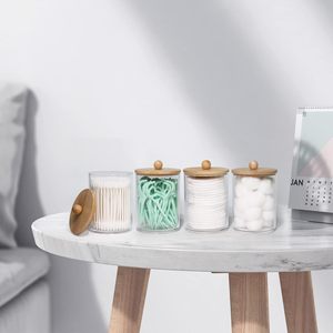 Trend Clear Plastic Eco-Friendly Modern Cosmetic Organizer Bamboo Lids Q-Tip Dispenser Swab Balls Floss Dispenser 300ml <b>Makeup</b> - Product Image 4