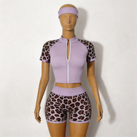 Ensemble de vêtements de sport 2 pièces personnalisé OEM ODM avec logo imprimé léopard pour femme, veste de yoga zippée et short de sport, tenue de gym d'été 2026