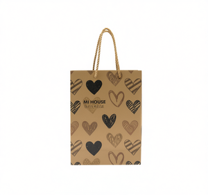 Sacchetto regalo in carta kraft a righe con motivo a cuore, manici ritorti, stampato a serigrafia per uso regalo e artigianale - Product Image 1