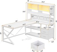 Bureau de jeu en forme de L, bureau d'ordinateur pour la maison ou le bureau, 2 tiroirs, étagère, bureau d'angle, lumières LED, rangement, sac, étagère, blanc, métal